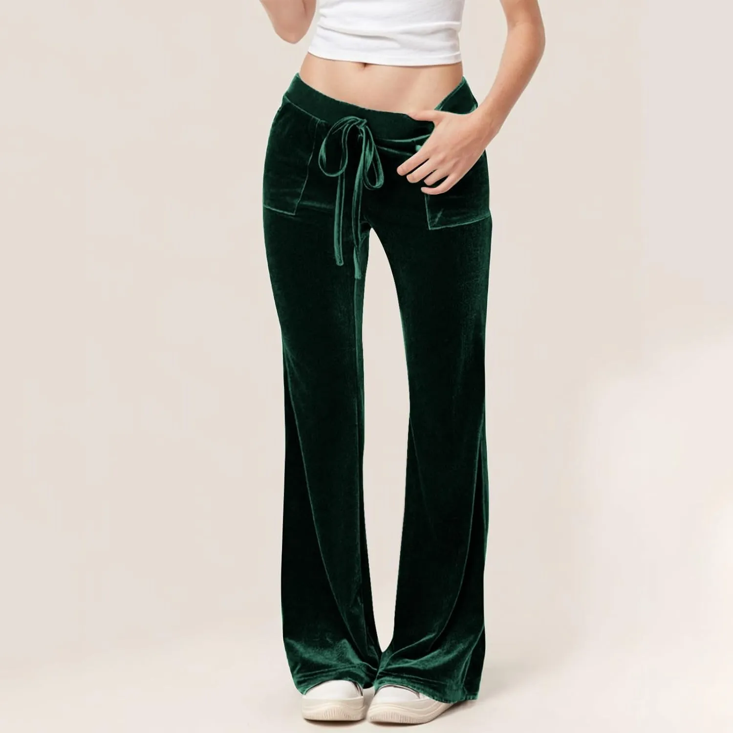 Ruziyoog Velvet Pants for Women Drawstring High Waist Wide Leg Casual Lounge Pant Loose Flowy Trousers with Pockets