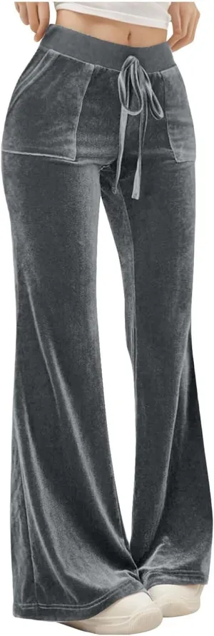 Ruziyoog Velvet Pants for Women Drawstring High Waist Wide Leg Casual Lounge Pant Loose Flowy Trousers with Pockets
