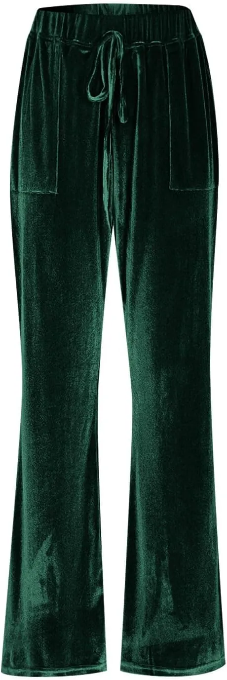 Ruziyoog Velvet Pants for Women Drawstring High Waist Wide Leg Casual Lounge Pant Loose Flowy Trousers with Pockets