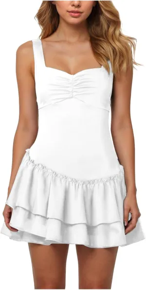 Rvidbe Summer Dresses for Women 2025,Sexy Square Neck Pleated Ruffle Hem Mini Dress Solid Color Sleeveless Waist Sling Dress