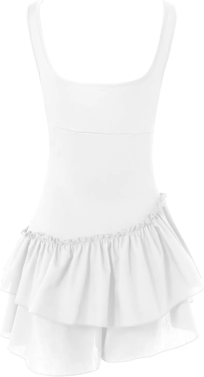 Rvidbe Summer Dresses for Women 2025,Sexy Square Neck Pleated Ruffle Hem Mini Dress Solid Color Sleeveless Waist Sling Dress