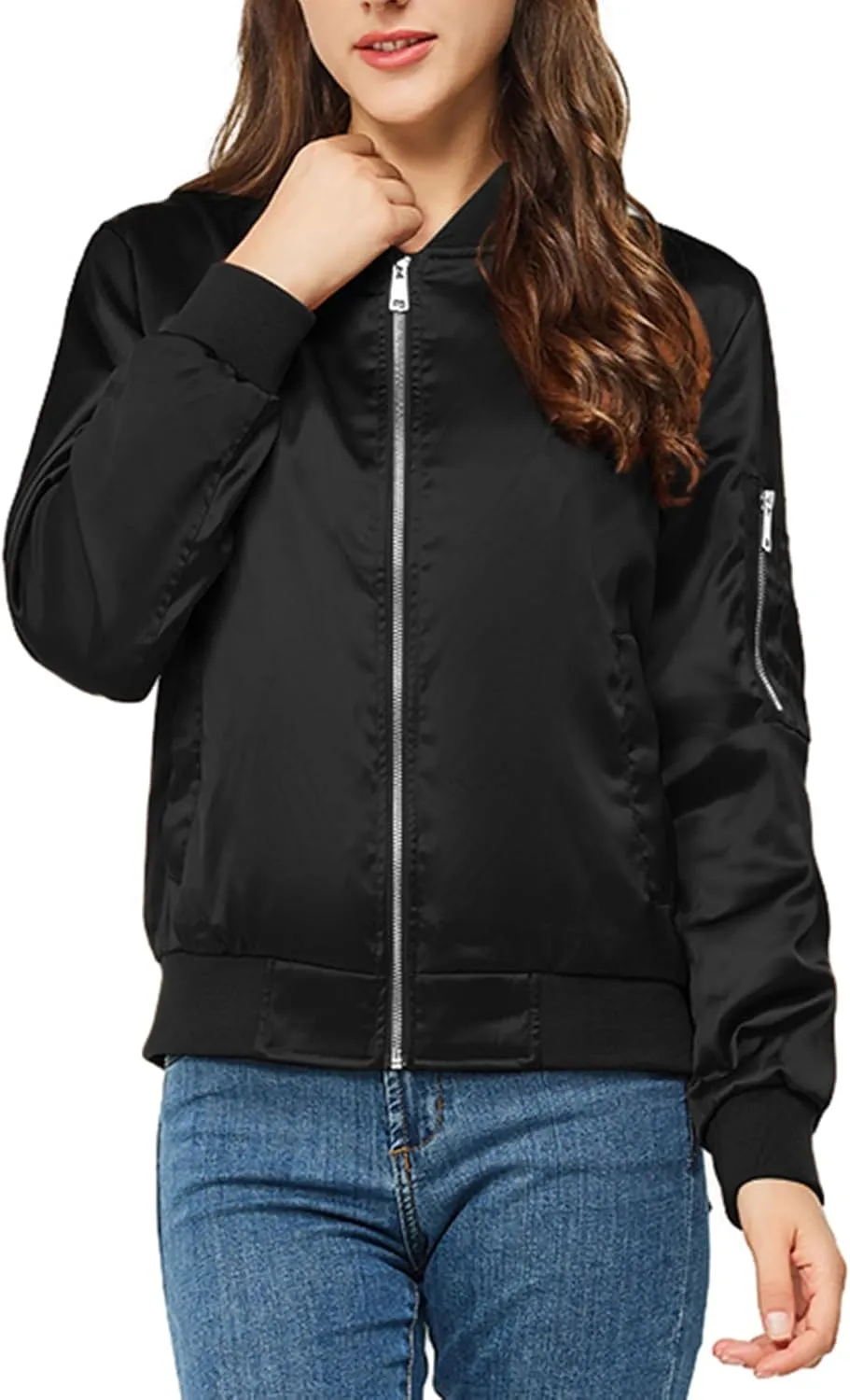 Satin Bomber Jacket Women Casual Fall Varsity Jackets Zip Up Outerwear Windbreaker with Pockets