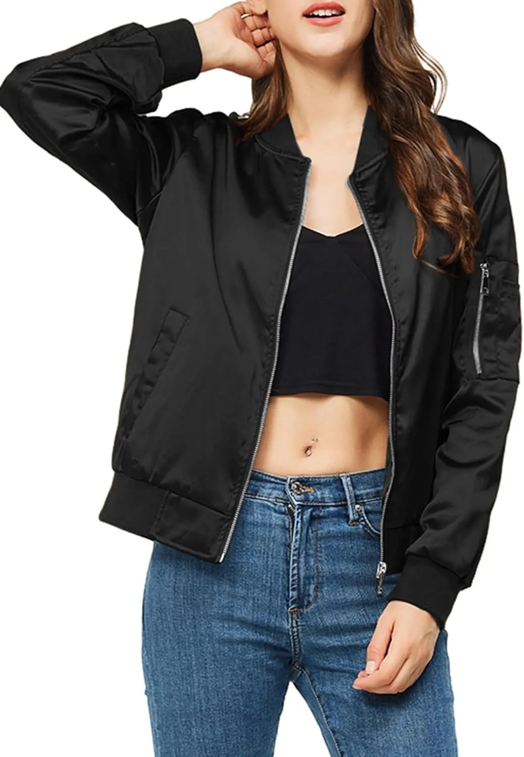 Satin Bomber Jacket Women Casual Fall Varsity Jackets Zip Up Outerwear Windbreaker with Pockets