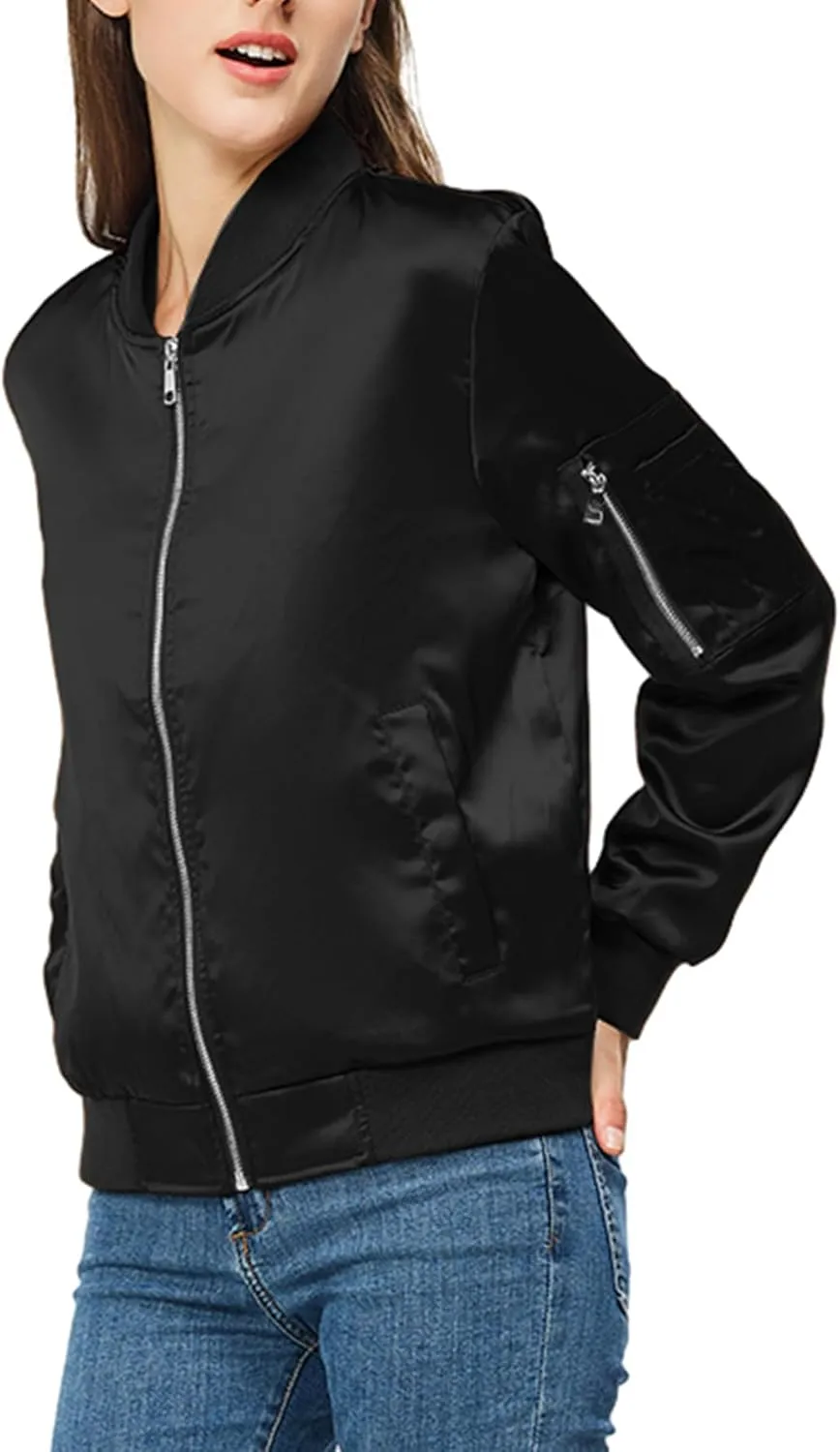 Satin Bomber Jacket Women Casual Fall Varsity Jackets Zip Up Outerwear Windbreaker with Pockets