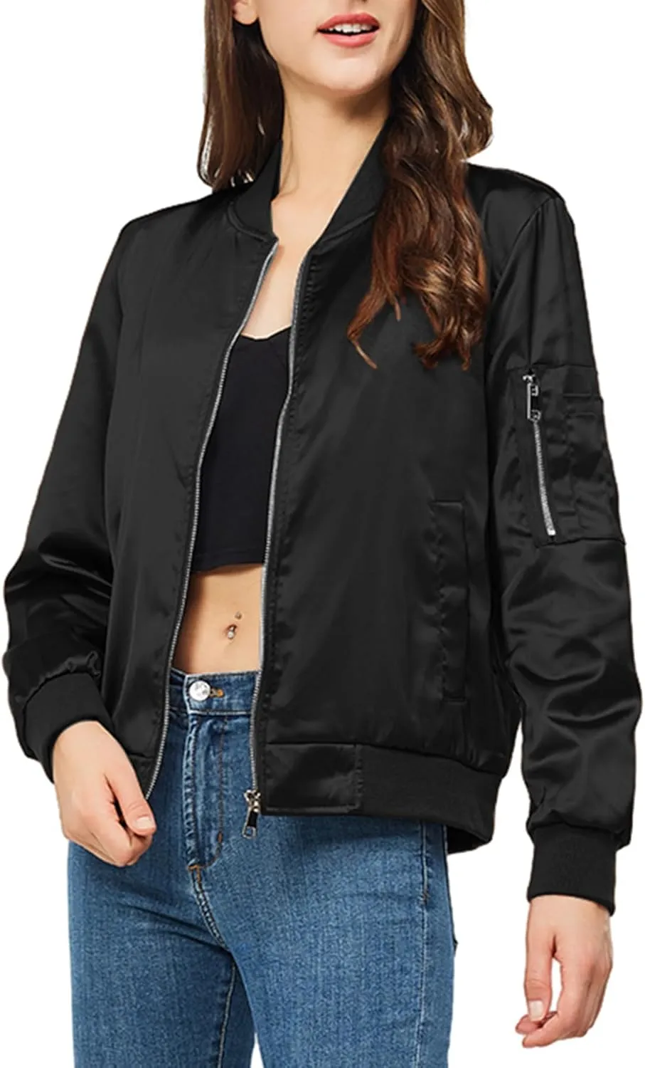 Satin Bomber Jacket Women Casual Fall Varsity Jackets Zip Up Outerwear Windbreaker with Pockets