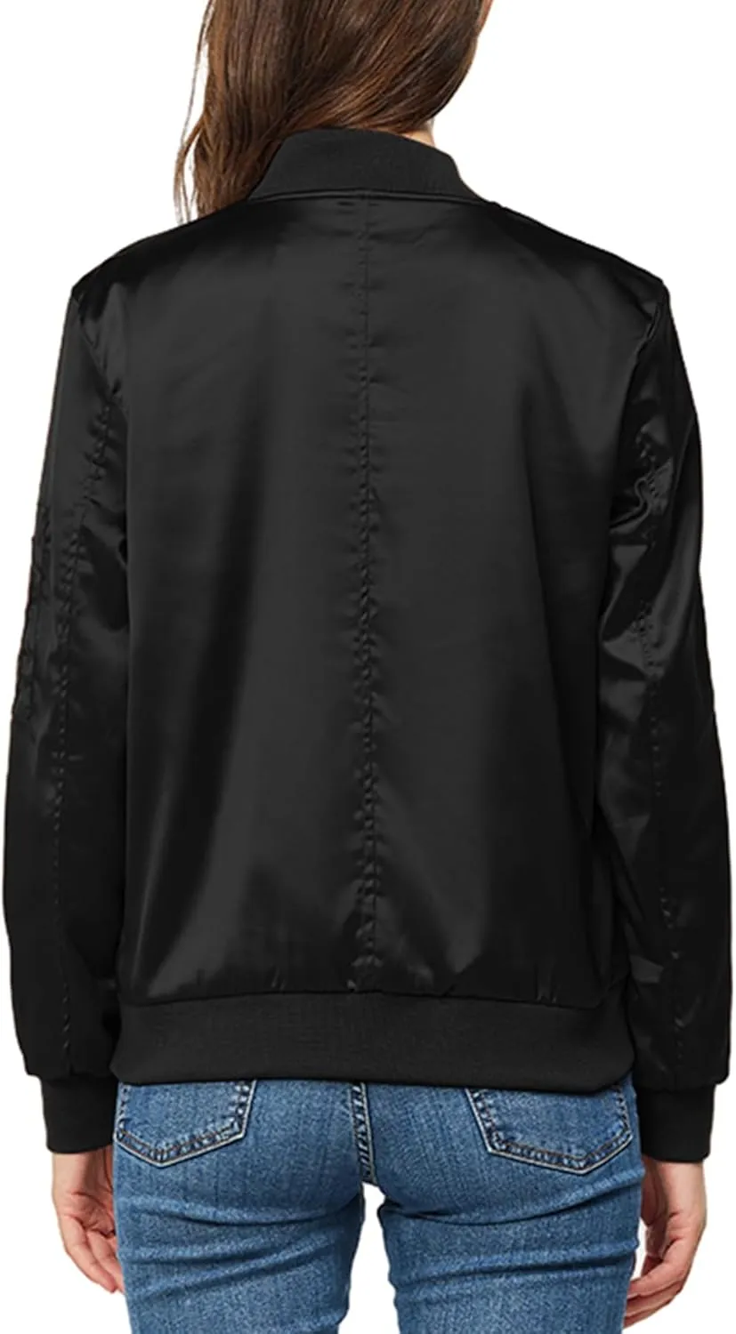 Satin Bomber Jacket Women Casual Fall Varsity Jackets Zip Up Outerwear Windbreaker with Pockets