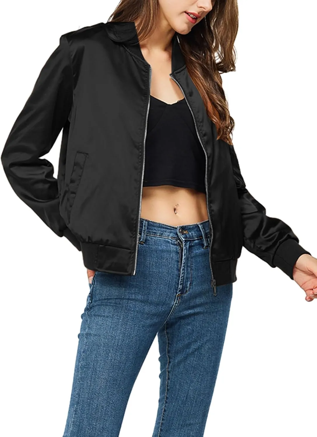 Satin Bomber Jacket Women Casual Fall Varsity Jackets Zip Up Outerwear Windbreaker with Pockets