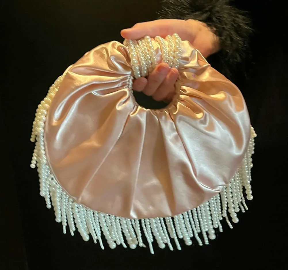 Satin Clutch Purses for Women Cloud Shape Pleated Evening Handbag Pearl Fringe Crescent Top Handle Evening Bags Wristlet