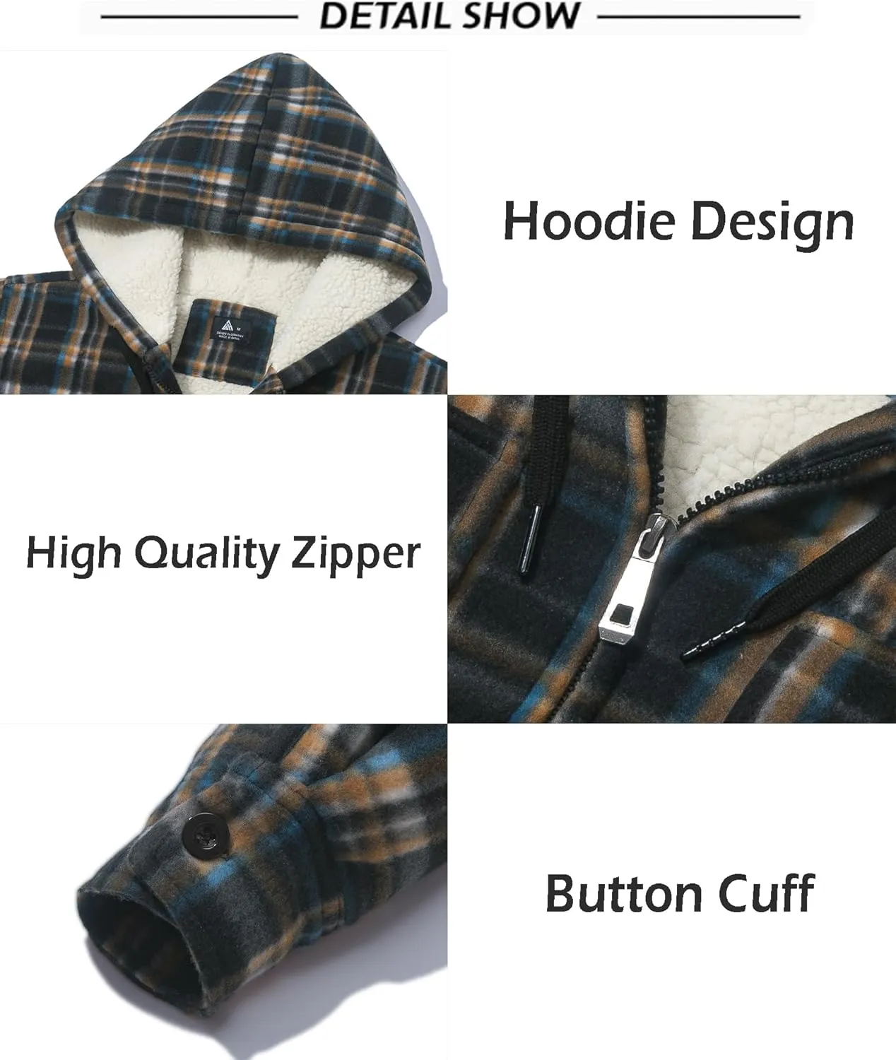 SCODI Men's Flannel Shirt Jacket Fleece Sherpa Lined Plaid Jackets Coat Full Zip Up Hoodie Winter Outwear