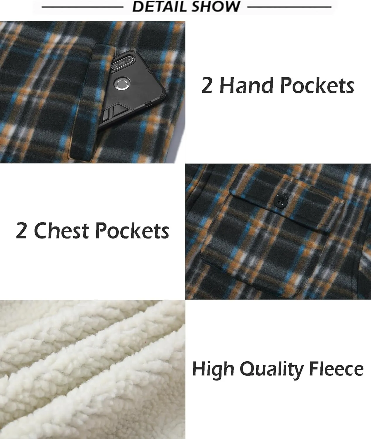 SCODI Men's Flannel Shirt Jacket Fleece Sherpa Lined Plaid Jackets Coat Full Zip Up Hoodie Winter Outwear
