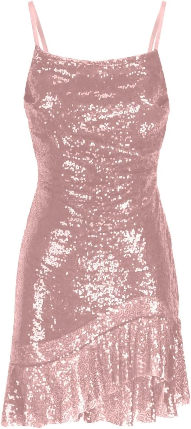 Sequin Cami Dress Women Sexy Sleeveless Strap Mini Dresses Ruched Sparkly Bodycon Sundress Irregular Ruffle Dress