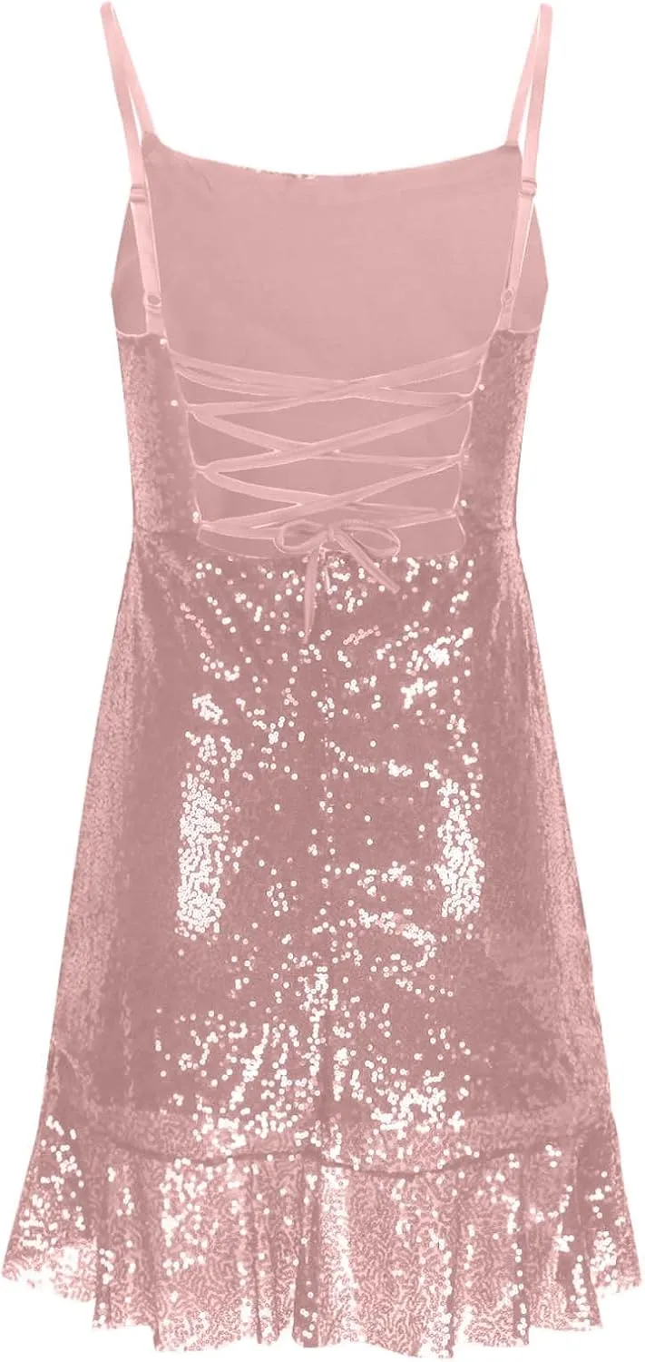 Sequin Cami Dress Women Sexy Sleeveless Strap Mini Dresses Ruched Sparkly Bodycon Sundress Irregular Ruffle Dress
