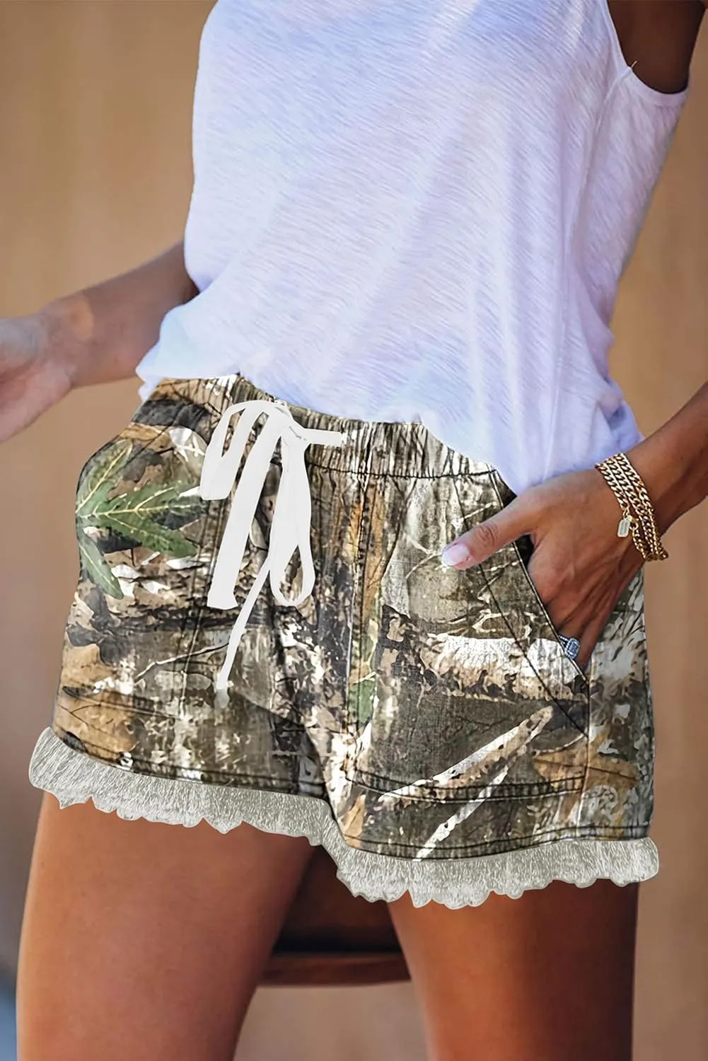 SESERAGI Women's Camo Shorts Army Fatigue Lounge Cotton Cut Off Elastic Waist Denim Raw Hem Jean Shorts