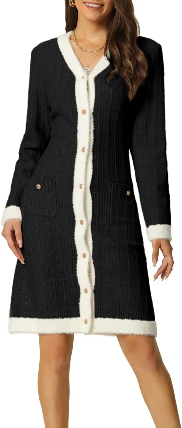 Seta T Women's Fall Contrast Color Dresses Long Sleeve Open Front Button V Neck Cardigans Sweaters Dress