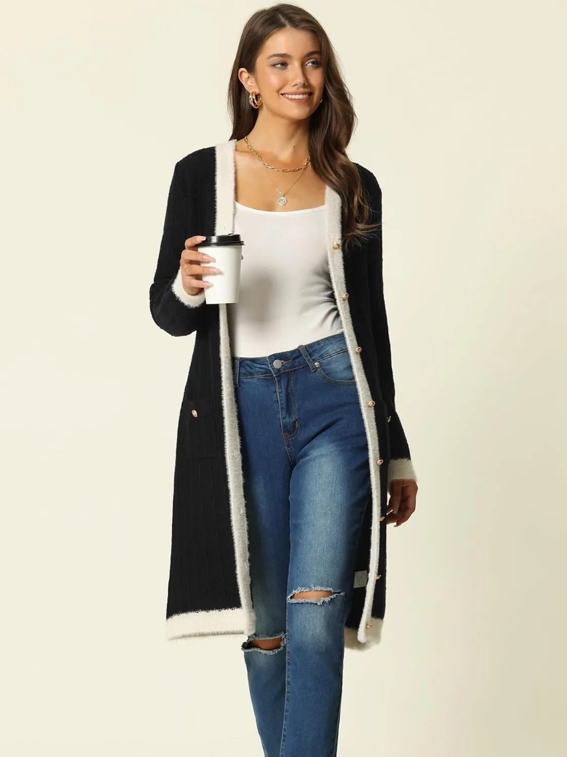 Seta T Women's Fall Contrast Color Dresses Long Sleeve Open Front Button V Neck Cardigans Sweaters Dress