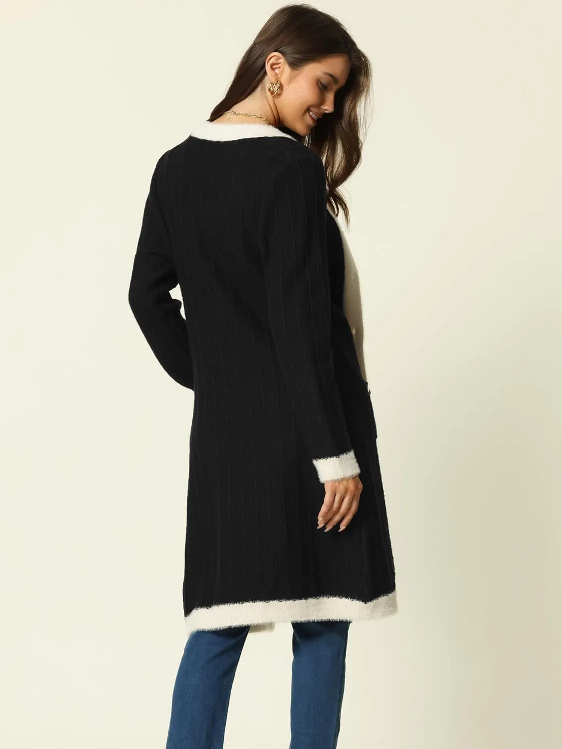 Seta T Women's Fall Contrast Color Dresses Long Sleeve Open Front Button V Neck Cardigans Sweaters Dress