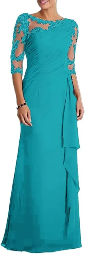 Sheath/Column Elegant Mother of The Bride Gown Chiffon Jewel Neck Floor Length Evening Gown with Appliques 2024