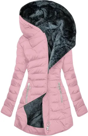 Sherpa Lined Hoodie Women, Solid Zip Up Warm Puffer Overcoats Thick Long Sleeve Outerwear Casual Warm Down Jacket