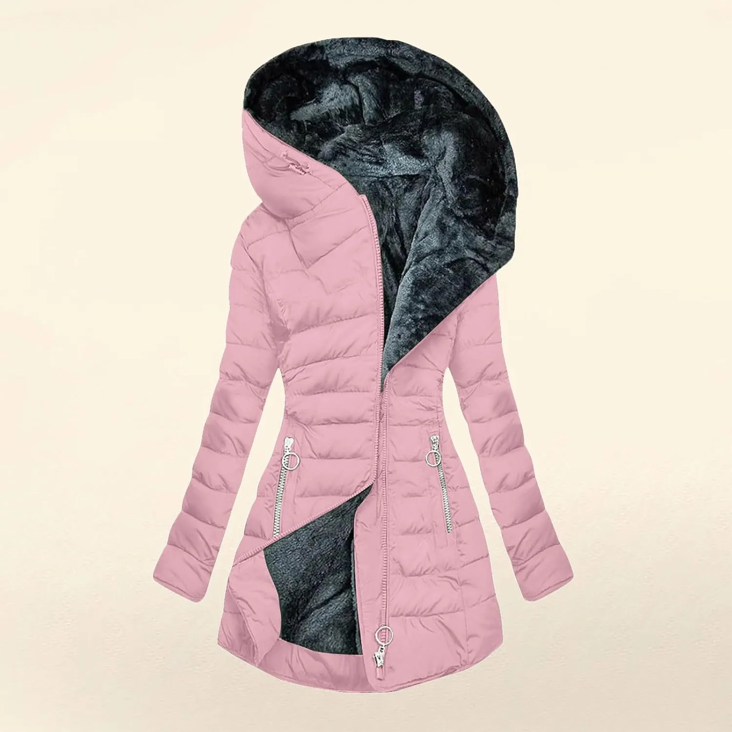 Sherpa Lined Hoodie Women, Solid Zip Up Warm Puffer Overcoats Thick Long Sleeve Outerwear Casual Warm Down Jacket