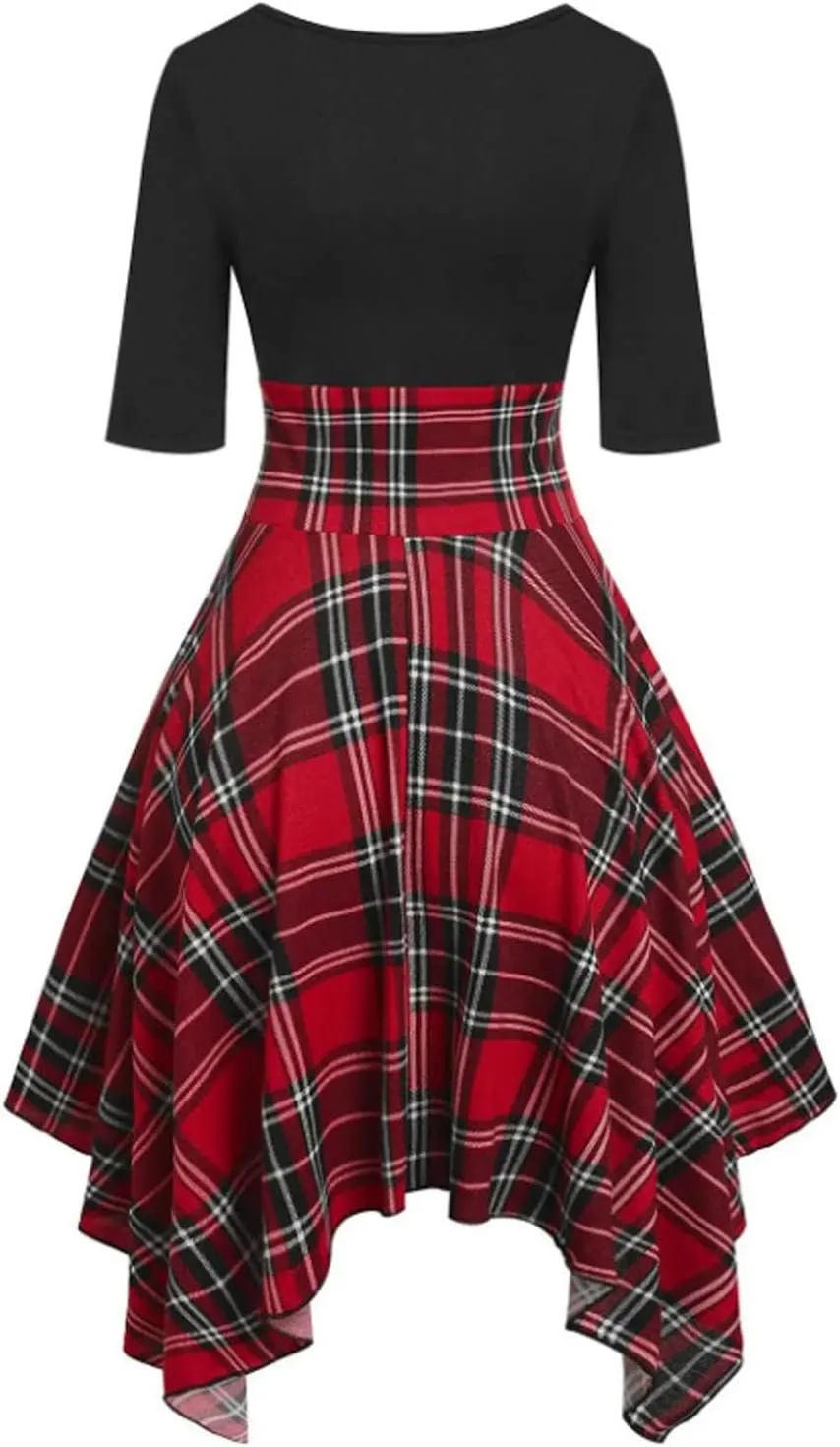 Skater Dresses for Women,Summer Casual Lace-up Gingham Tank Dress High Waist Pleated Dress for School Girl