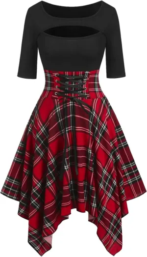 Skater Dresses for Women,Summer Casual Lace-up Gingham Tank Dress High Waist Pleated Dress for School Girl