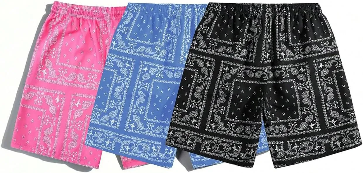 SOLY HUX Men's Paisley Bandana Shorts 3 Packs Summer Casual Workout Beach Drawstring Track Shorts