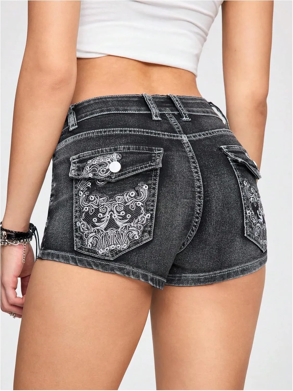 SOLY HUX Women's Y2k Denim Shorts Grunge Punk Low Waist Skinny Mini Jean Shorts Streetwear