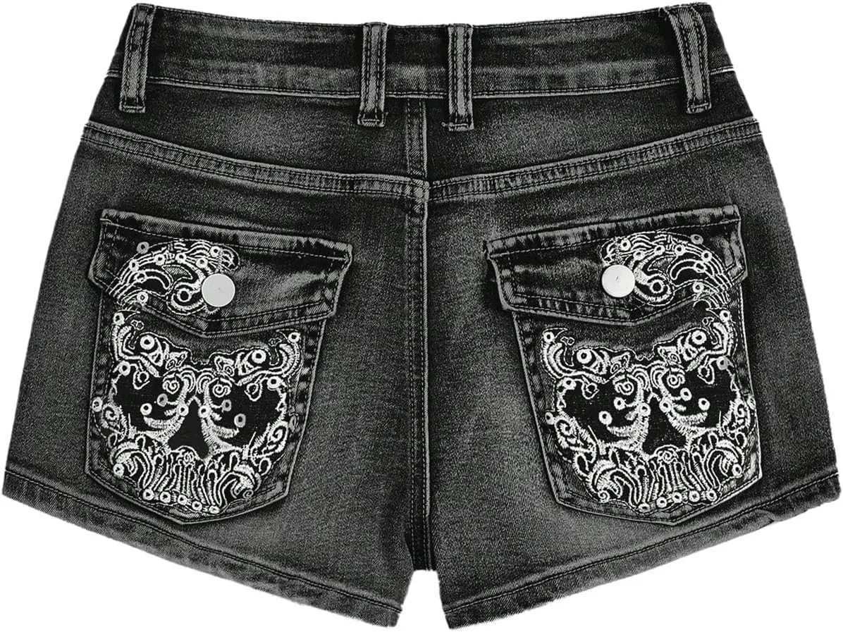 SOLY HUX Women's Y2k Denim Shorts Grunge Punk Low Waist Skinny Mini Jean Shorts Streetwear