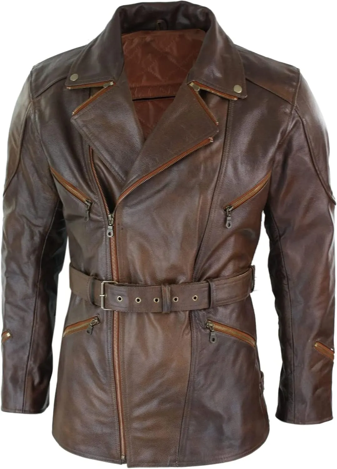 SpazeUp Mens 3/4 Quarter Length Winter Coat - Mens Black Leather Jacket - Quarter Length German Black Leather Coats for Men