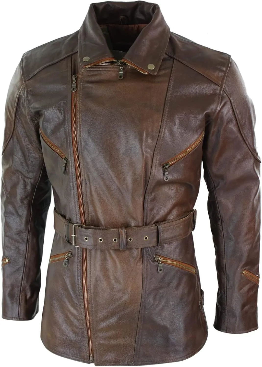 SpazeUp Mens 3/4 Quarter Length Winter Coat - Mens Black Leather Jacket - Quarter Length German Black Leather Coats for Men