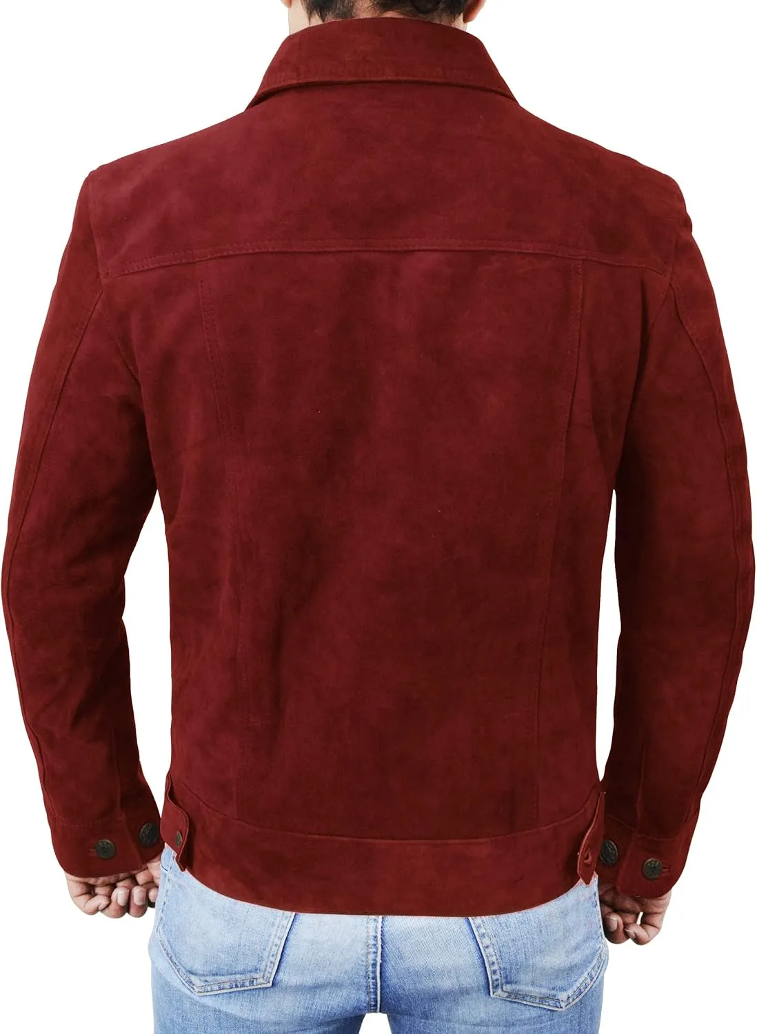 SpazeUp Mens Logan Trucker Jacket Brown Suede Leather Western Cowboy Coat - Premium Suede Leather Casual Outerwear