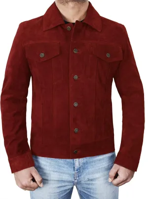 SpazeUp Mens Logan Trucker Jacket Brown Suede Leather Western Cowboy Coat - Premium Suede Leather Casual Outerwear