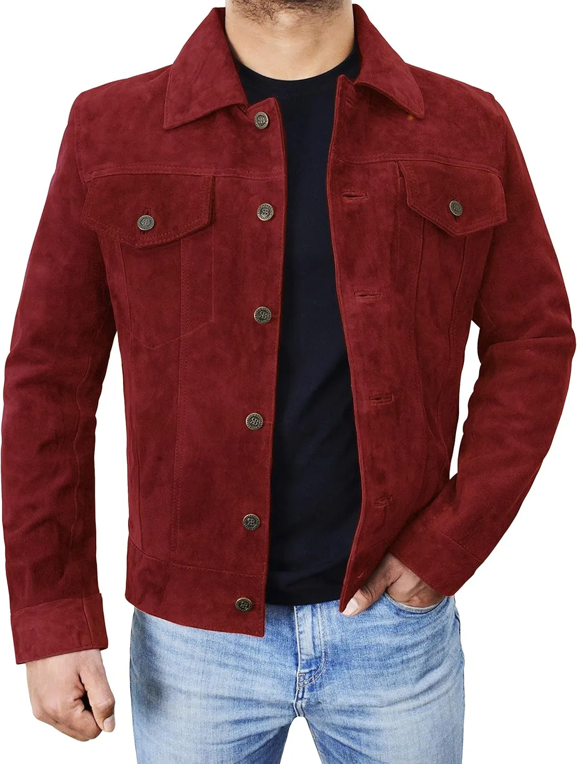 SpazeUp Mens Logan Trucker Jacket Brown Suede Leather Western Cowboy Coat - Premium Suede Leather Casual Outerwear