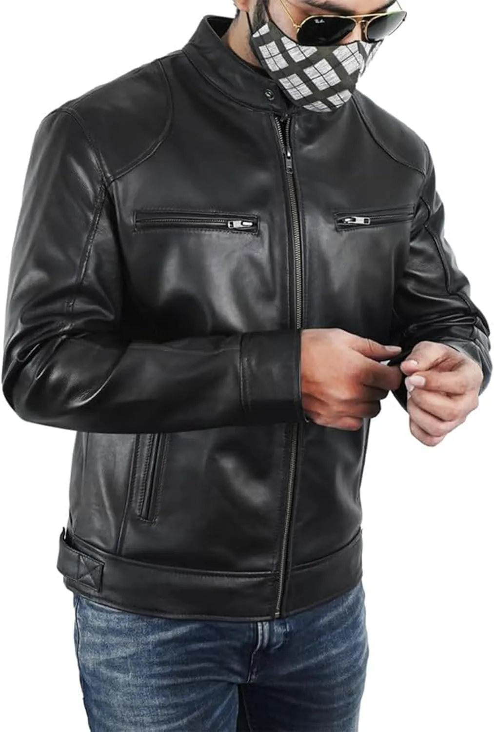 SpazeUp Vintage Motorcycle Sheepskin Leather Jackets for Men - Vintage Biker Leather Jacket Men Black Brown Red Blue
