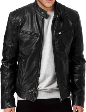 SpazeUp Vintage Motorcycle Sheepskin Leather Jackets for Men - Vintage Biker Leather Jacket Men Black Brown Red Blue