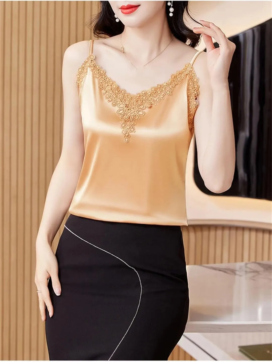 Spring and Summer Embroidered Camisole Patchwork Sleeveless Satin Camisole Top