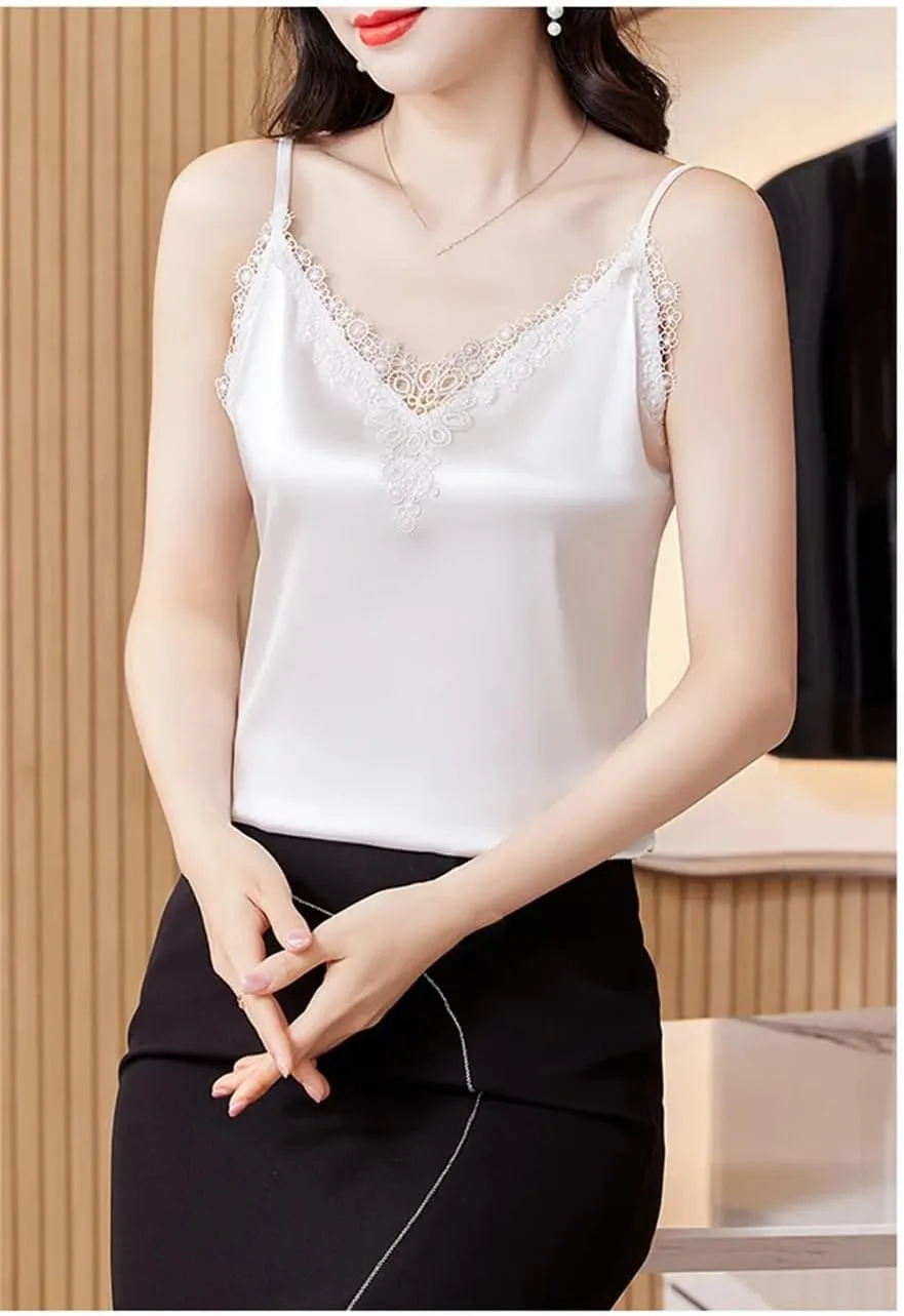 Spring and Summer Embroidered Camisole Patchwork Sleeveless Satin Camisole Top