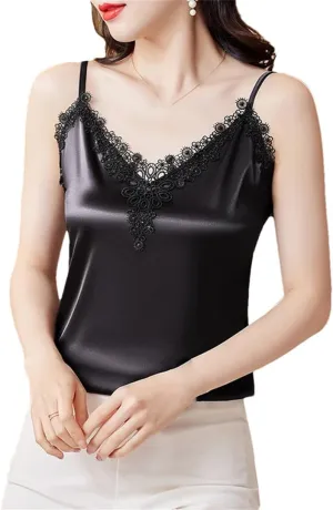 Spring and Summer Embroidered Camisole Patchwork Sleeveless Satin Camisole Top