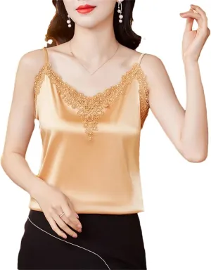 Spring and Summer Embroidered Camisole Patchwork Sleeveless Satin Camisole Top