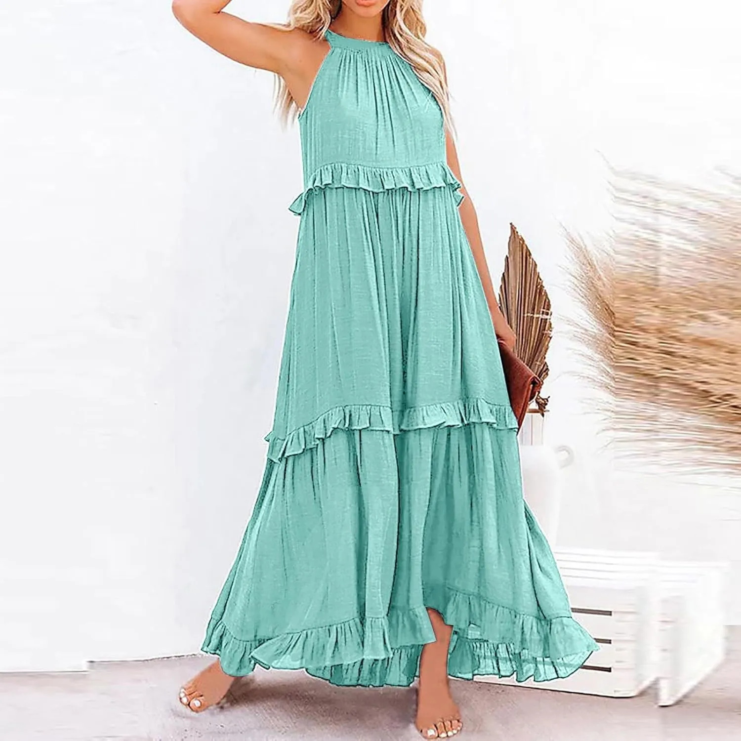 Spring Dresses for Women 2025, Womens Summer Dress Sleeveless Halter Layered Ruffles Casual Boho Flowy Maxi Dress