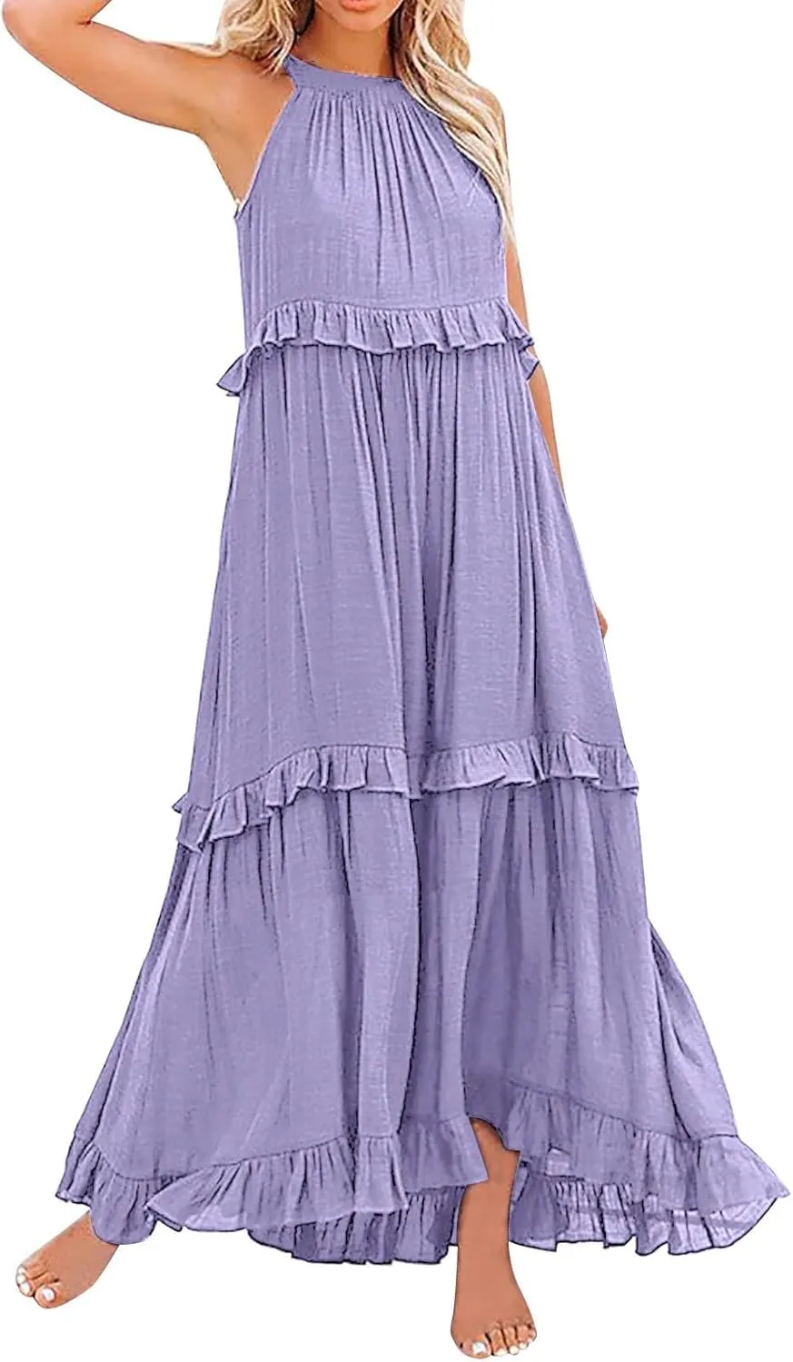 Spring Dresses for Women 2025, Womens Summer Dress Sleeveless Halter Layered Ruffles Casual Boho Flowy Maxi Dress