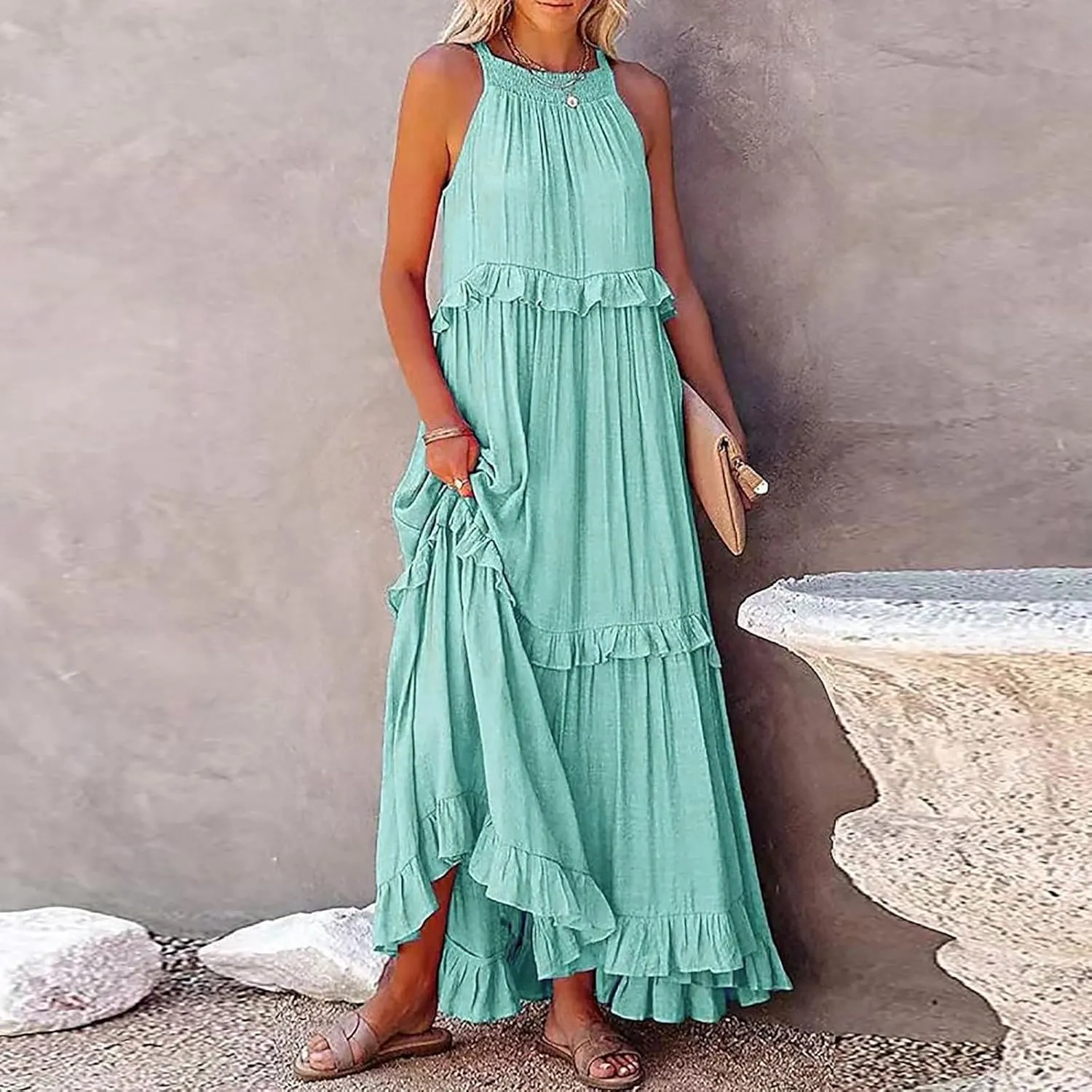 Spring Dresses for Women 2025, Womens Summer Dress Sleeveless Halter Layered Ruffles Casual Boho Flowy Maxi Dress