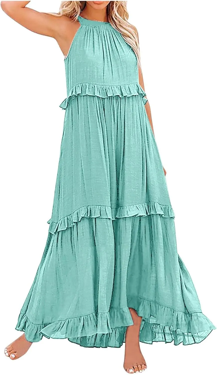 Spring Dresses for Women 2025, Womens Summer Dress Sleeveless Halter Layered Ruffles Casual Boho Flowy Maxi Dress