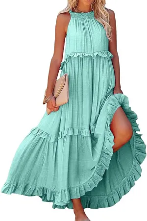 Spring Dresses for Women 2025, Womens Summer Dress Sleeveless Halter Layered Ruffles Casual Boho Flowy Maxi Dress