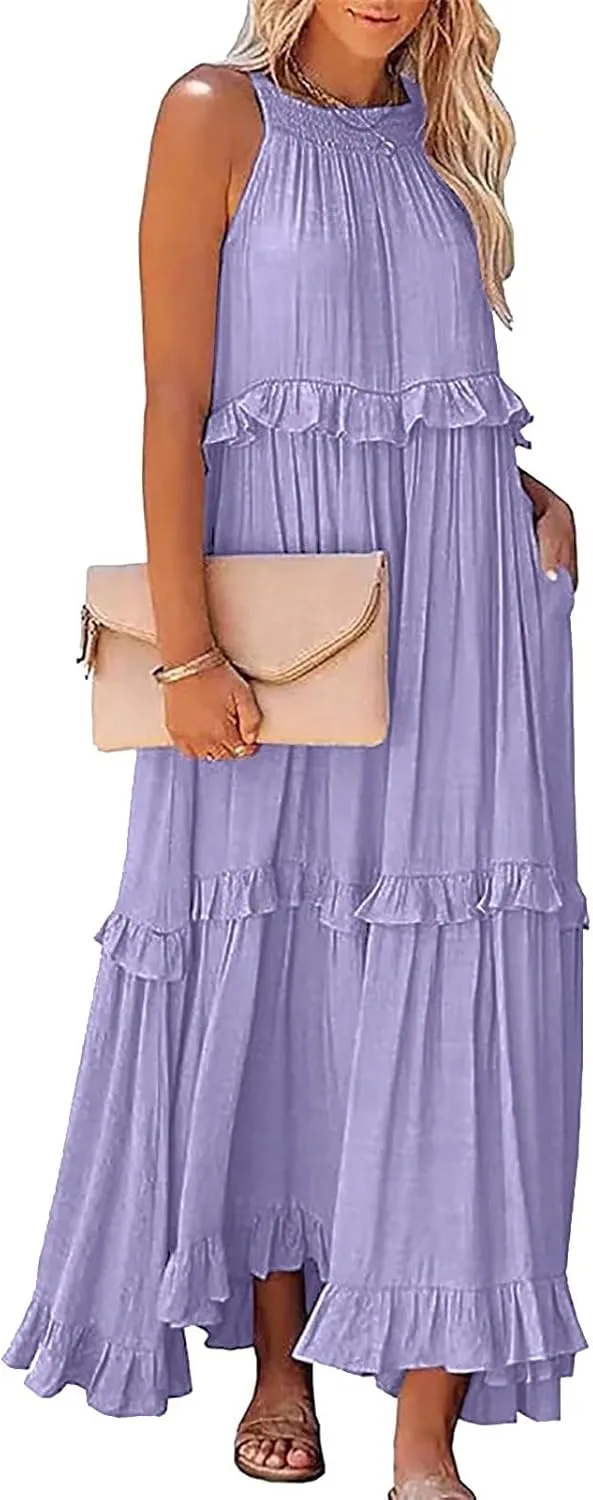 Spring Dresses for Women 2025, Womens Summer Dress Sleeveless Halter Layered Ruffles Casual Boho Flowy Maxi Dress