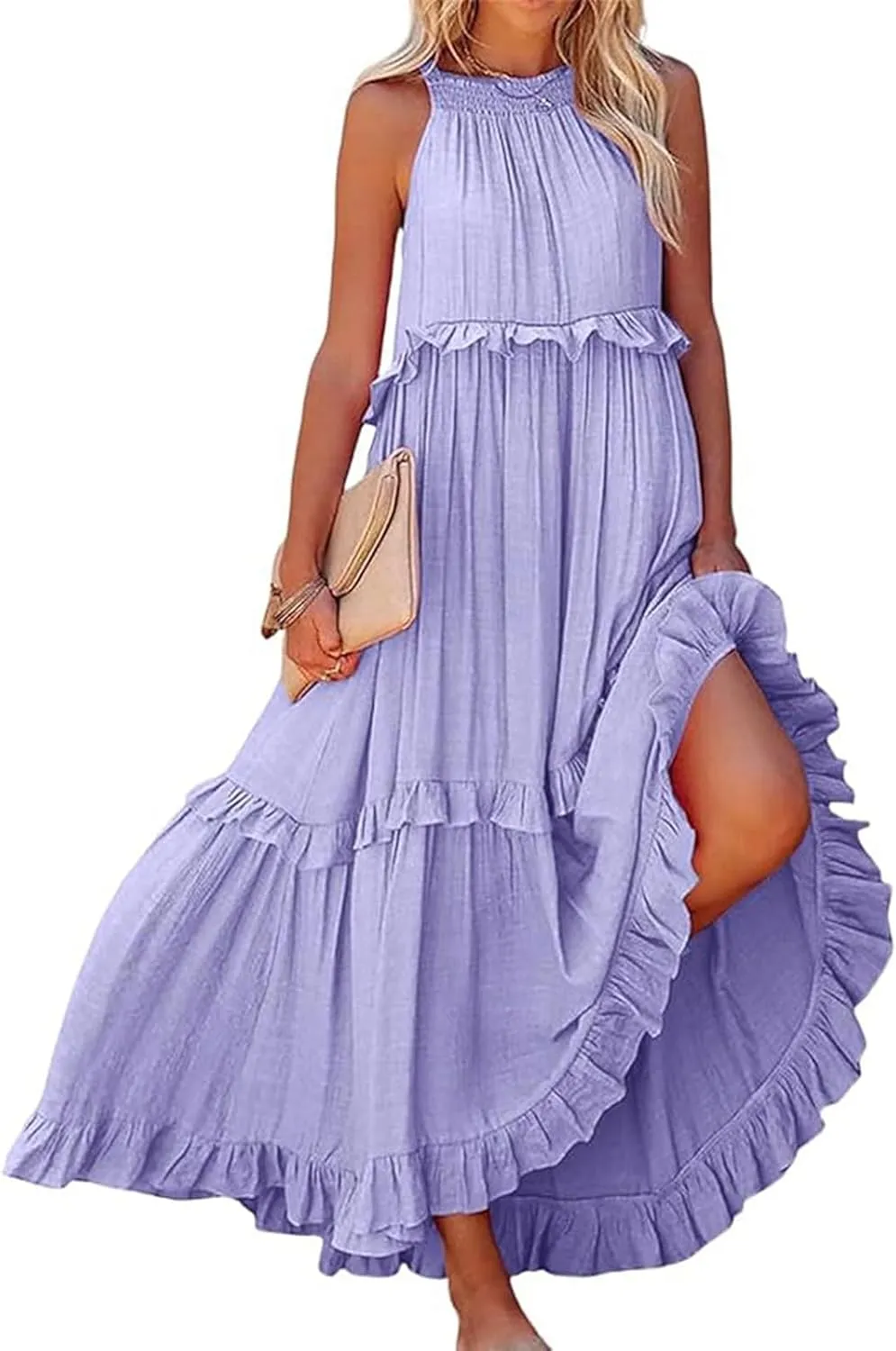 Spring Dresses for Women 2025, Womens Summer Dress Sleeveless Halter Layered Ruffles Casual Boho Flowy Maxi Dress