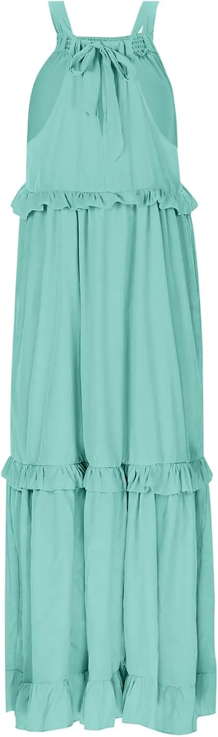 Spring Dresses for Women 2025, Womens Summer Dress Sleeveless Halter Layered Ruffles Casual Boho Flowy Maxi Dress