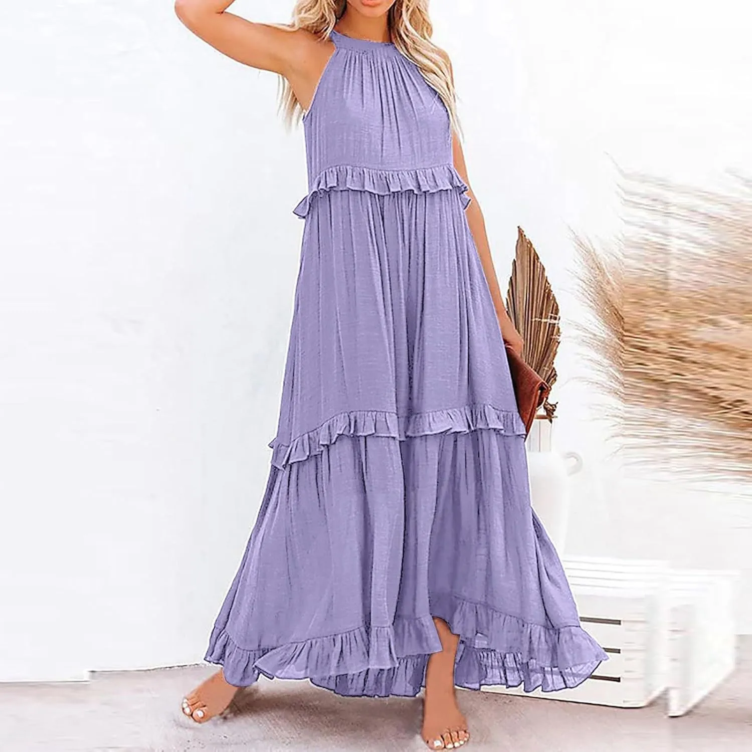 Spring Dresses for Women 2025, Womens Summer Dress Sleeveless Halter Layered Ruffles Casual Boho Flowy Maxi Dress