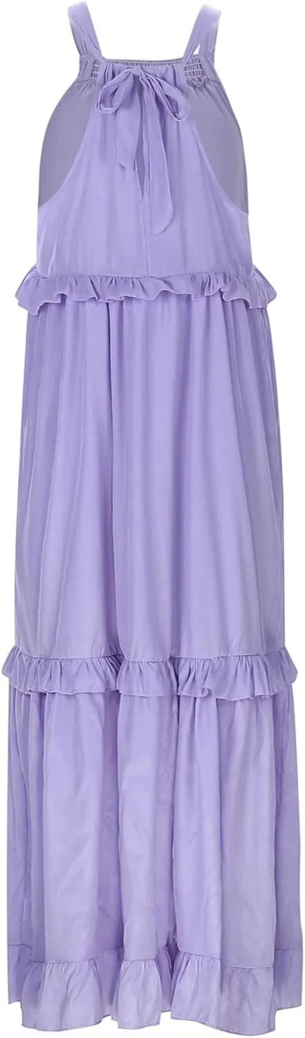 Spring Dresses for Women 2025, Womens Summer Dress Sleeveless Halter Layered Ruffles Casual Boho Flowy Maxi Dress