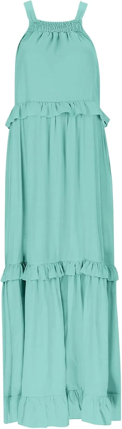 Spring Dresses for Women 2025, Womens Summer Dress Sleeveless Halter Layered Ruffles Casual Boho Flowy Maxi Dress